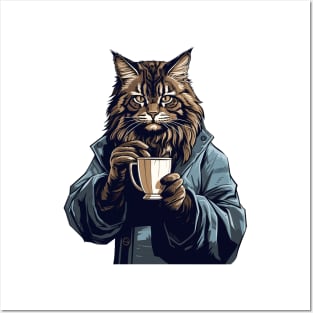 Maine Coon Cat Drinking Coffee Posters and Art